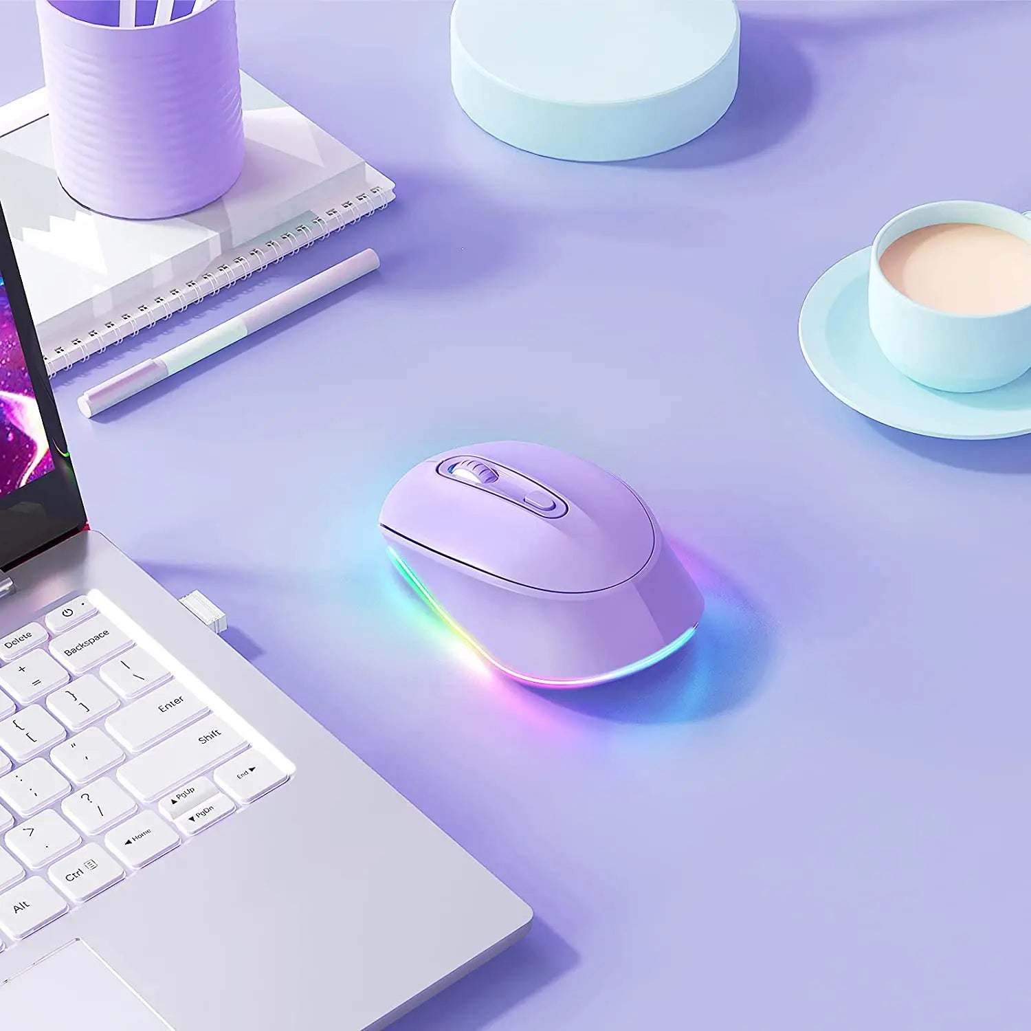 BOW Purple Wireless Mouse Rechargeable Mouse for Laptop Small Cordless Mice  Quiet Click LED Rainbow Lights for Computer