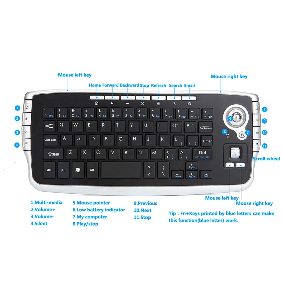 Jomaa Portable USB Wireless Trackball Keyboard with Trackball and Scroll Wheel Mini USB Keyboard for Laptop TV Box