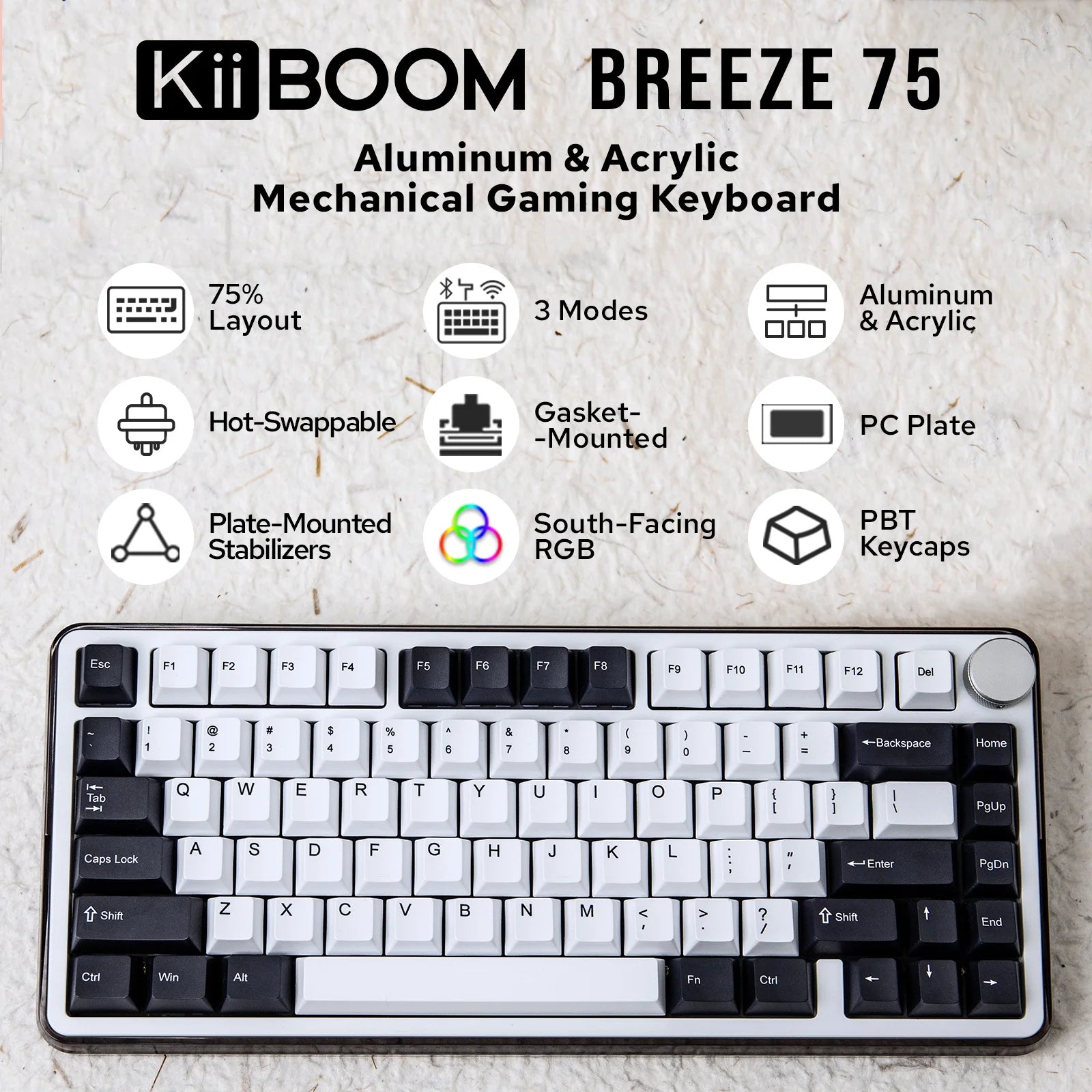 KiiBOOM Breeze 75 75% Aluminium & Acrylic Hot Swappable Wired/Bluetooth/2.4GHz Wireless Mechanical Keyboard for Win/Mac