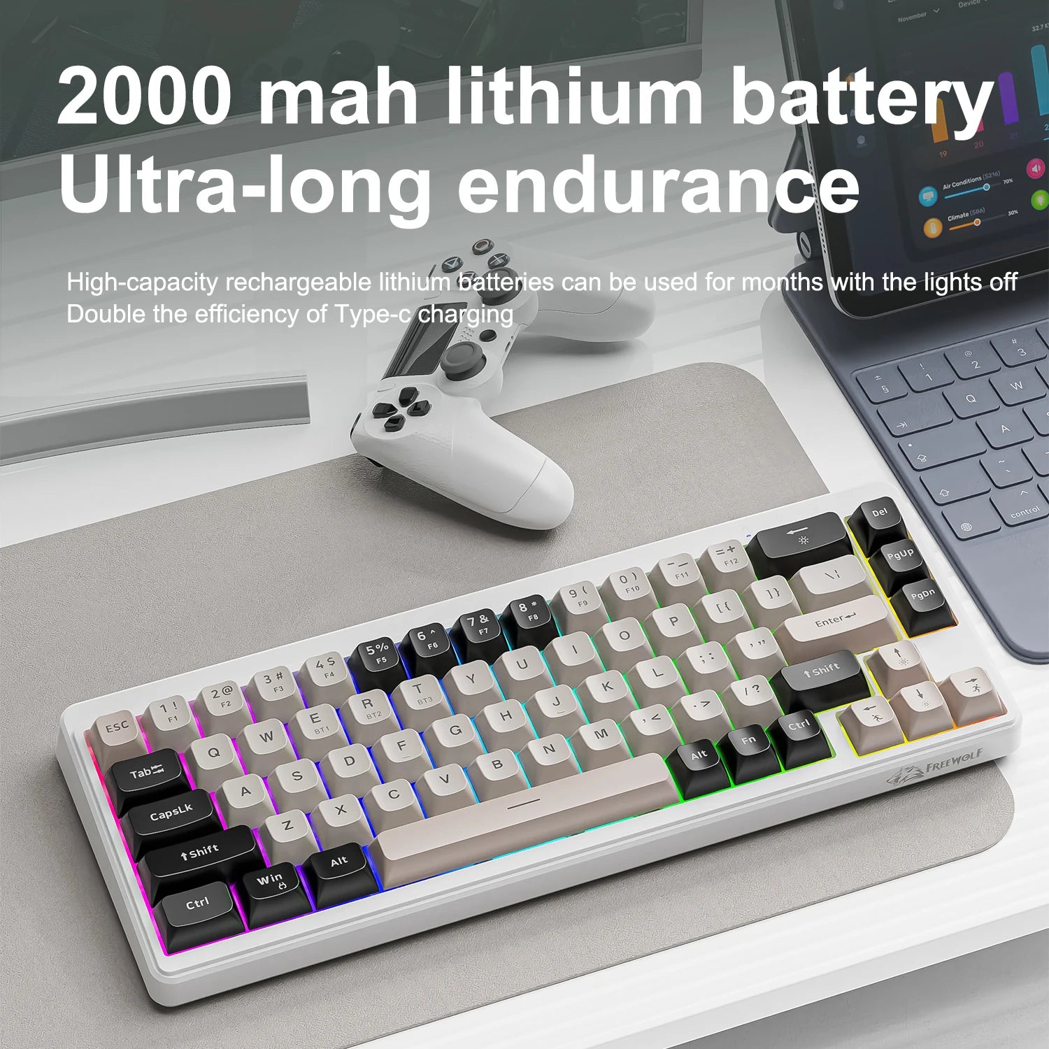 FREEWOLF M68 68 Keys Wireless Keyboard Mouse Combo, PBT RGB Tri-Mode Bluetooth/2.4G/Wired Keyboard, Silent Keyboard Mouse Set