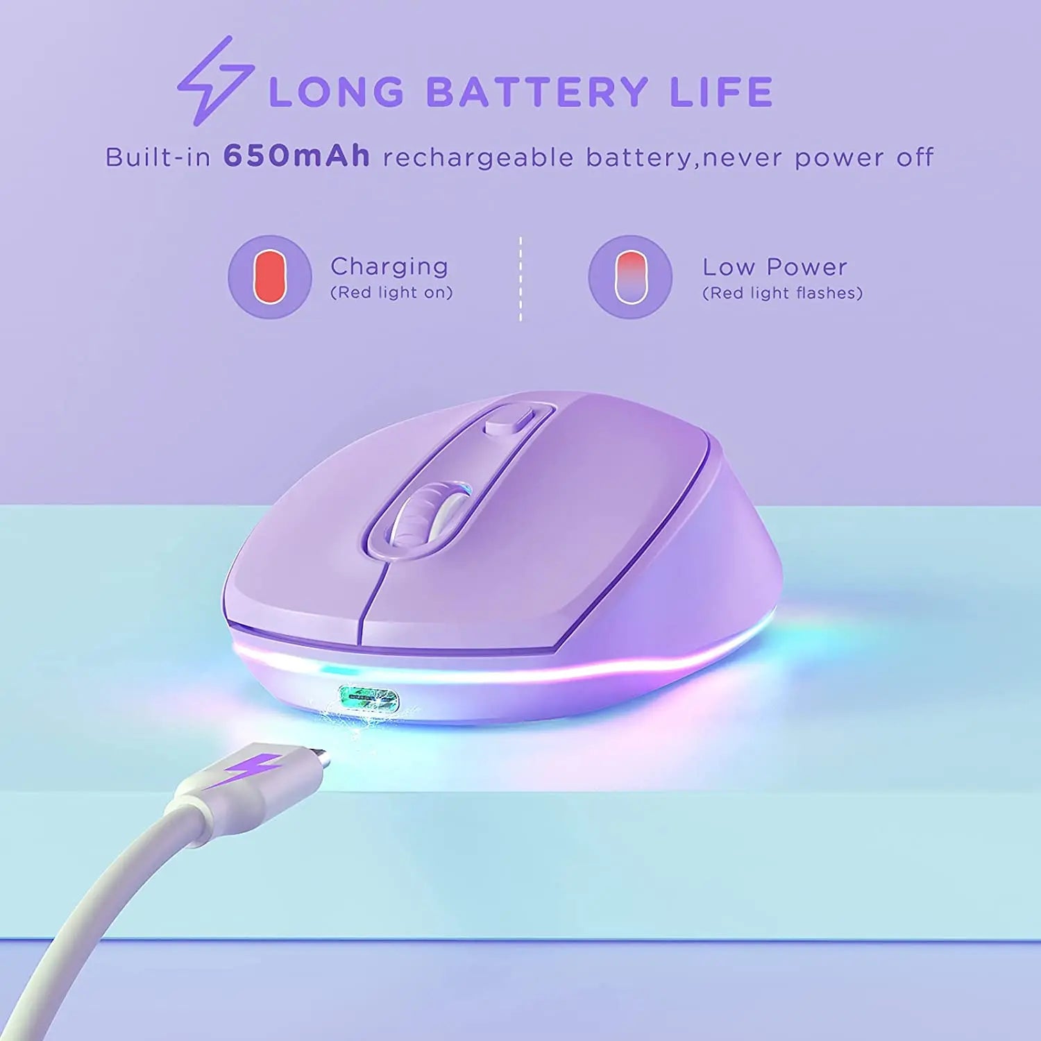 BOW Purple Wireless Mouse Rechargeable Mouse for Laptop Small Cordless Mice  Quiet Click LED Rainbow Lights for Computer
