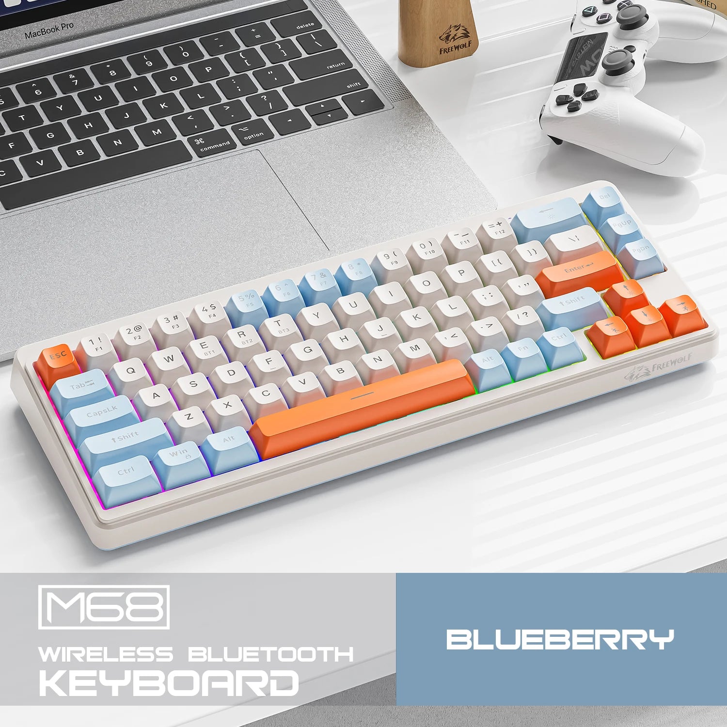 FREEWOLF M68 68 Keys Wireless Keyboard Mouse Combo, PBT RGB Tri-Mode Bluetooth/2.4G/Wired Keyboard, Silent Keyboard Mouse Set