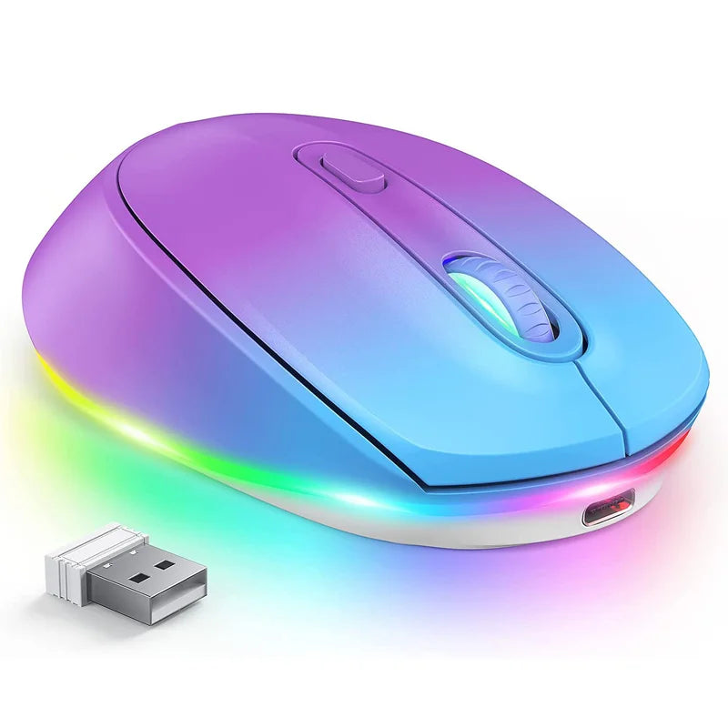 BOW Purple Wireless Mouse Rechargeable Mouse for Laptop Small Cordless Mice  Quiet Click LED Rainbow Lights for Computer