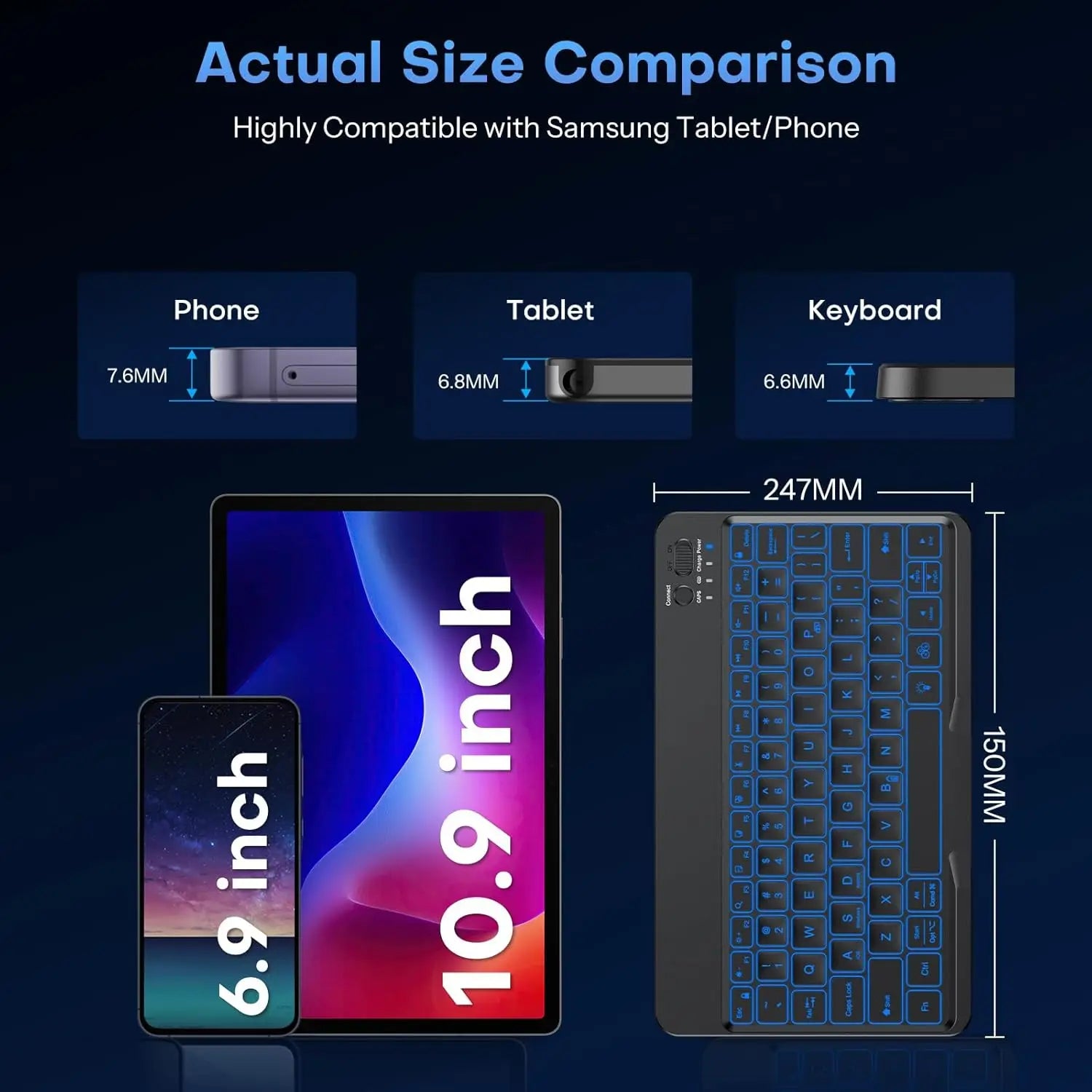 7-Color Backlit Bluetooth Keyboard for Tablets & Phones, Rechargeable, Portable