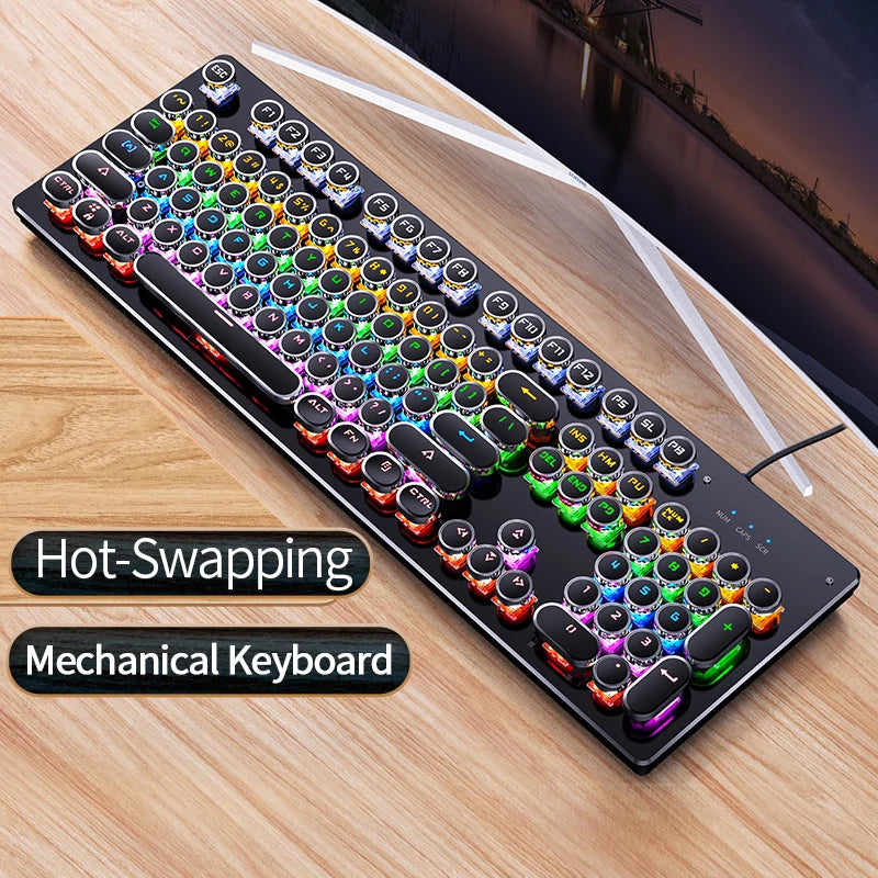 Punk Mechanical Gaming Keyboard – 104 Keys RGB Dynamic Lighting, Hot-Swappable, USB Wired for PC Mac Gaming Enthusiasts