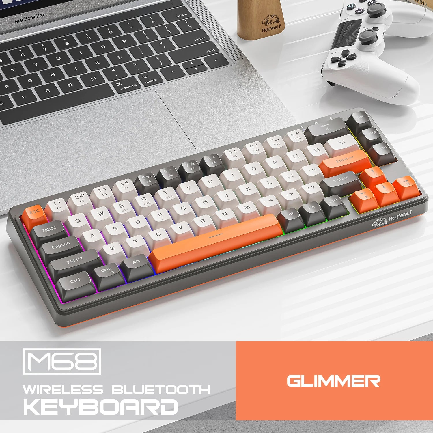 FREEWOLF M68 68 Keys Wireless Keyboard Mouse Combo, PBT RGB Tri-Mode Bluetooth/2.4G/Wired Keyboard, Silent Keyboard Mouse Set