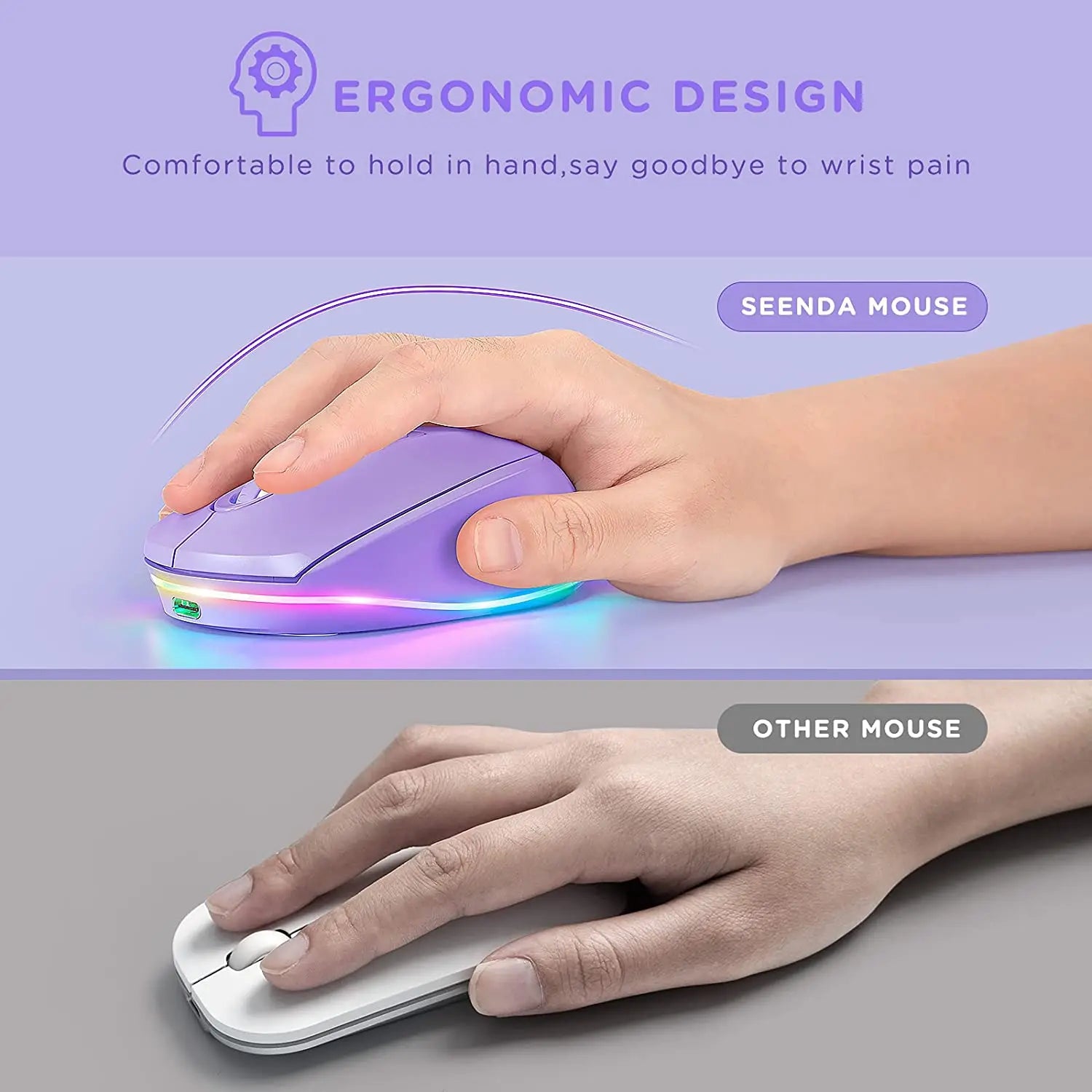 BOW Purple Wireless Mouse Rechargeable Mouse for Laptop Small Cordless Mice  Quiet Click LED Rainbow Lights for Computer