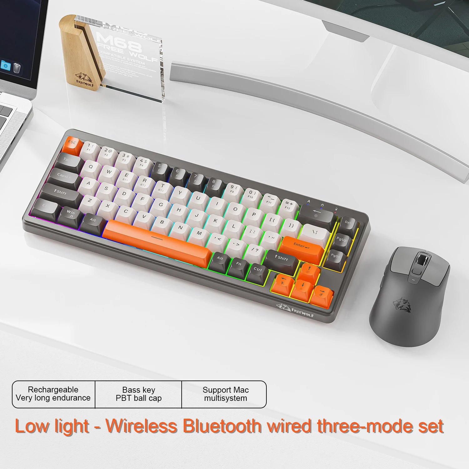 FREEWOLF M68 68 Keys Wireless Keyboard Mouse Combo, PBT RGB Tri-Mode Bluetooth/2.4G/Wired Keyboard, Silent Keyboard Mouse Set