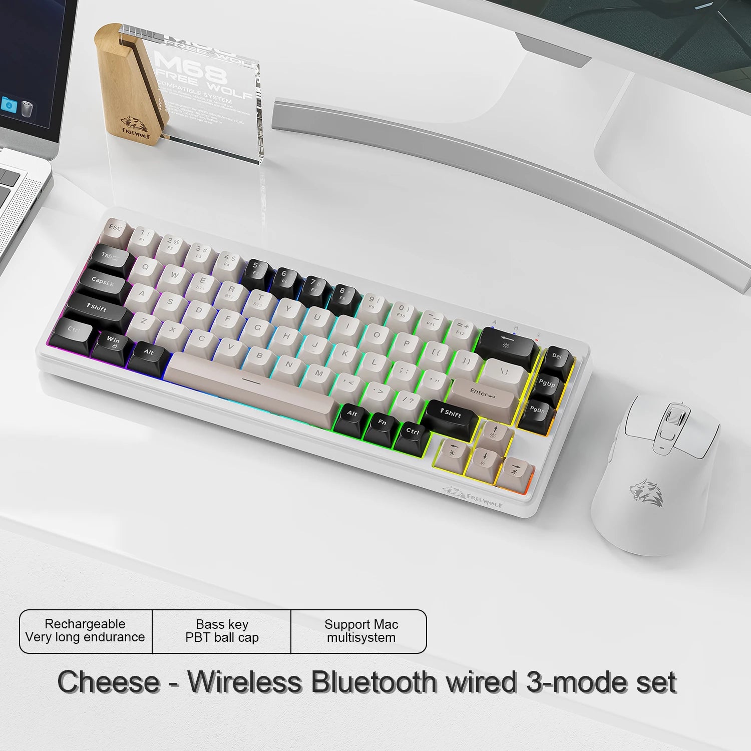 FREEWOLF M68 68 Keys Wireless Keyboard Mouse Combo, PBT RGB Tri-Mode Bluetooth/2.4G/Wired Keyboard, Silent Keyboard Mouse Set