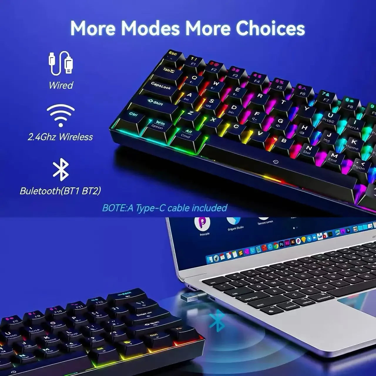 New Portable Compact 61 Keys 3-Mode Mechanical Keyboard RGB Backlit Brown Switch Wireless Bluetooth Gaming Office Keyboard